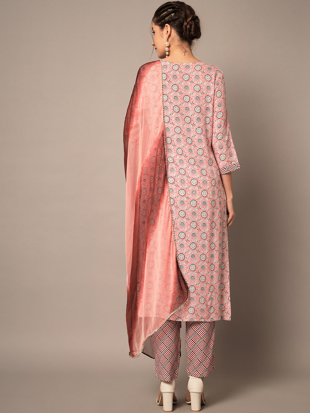 Peach Ethnic Printed Kurta Set with Dupatta