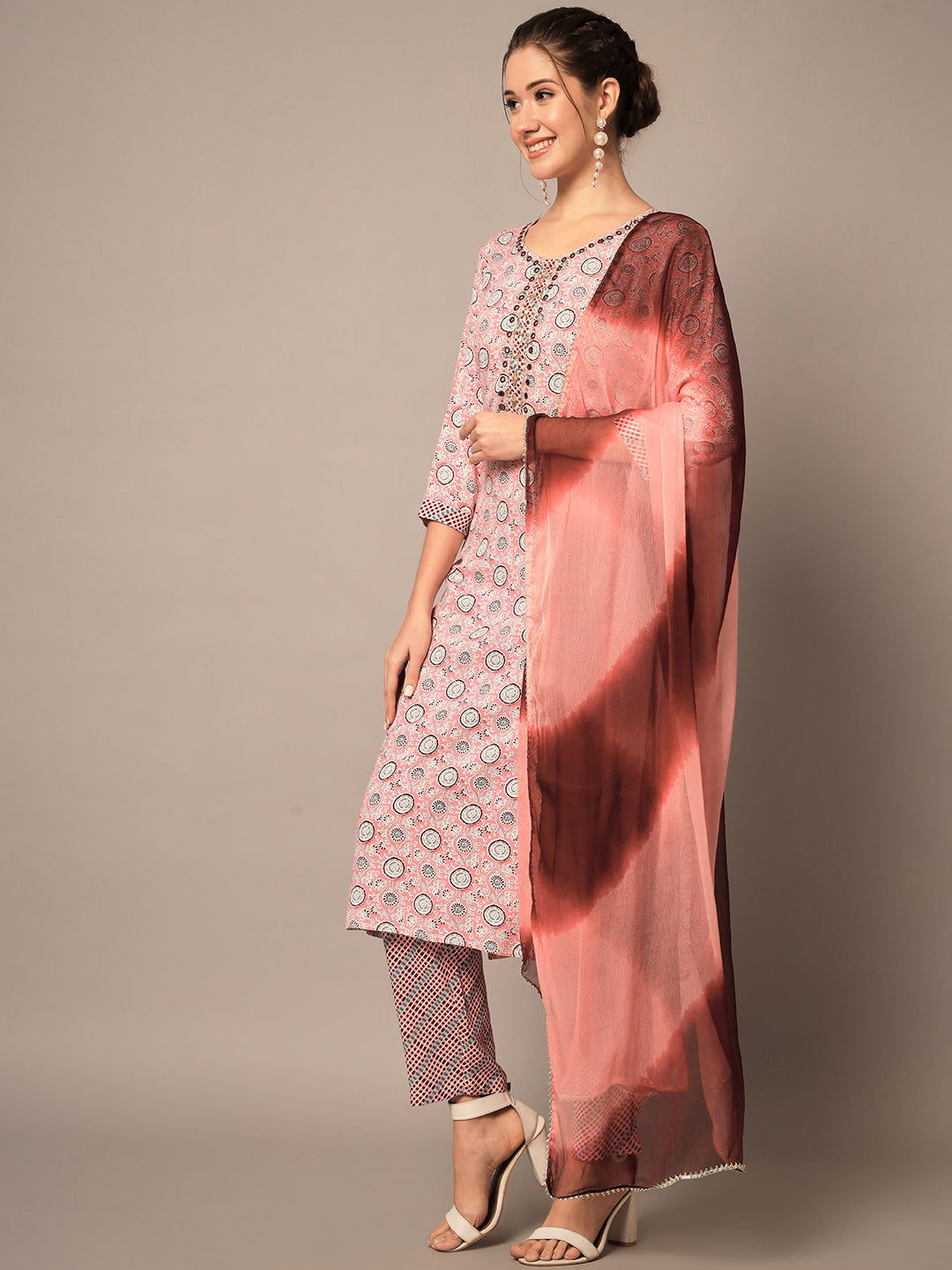 Peach Ethnic Printed Kurta Set with Dupatta