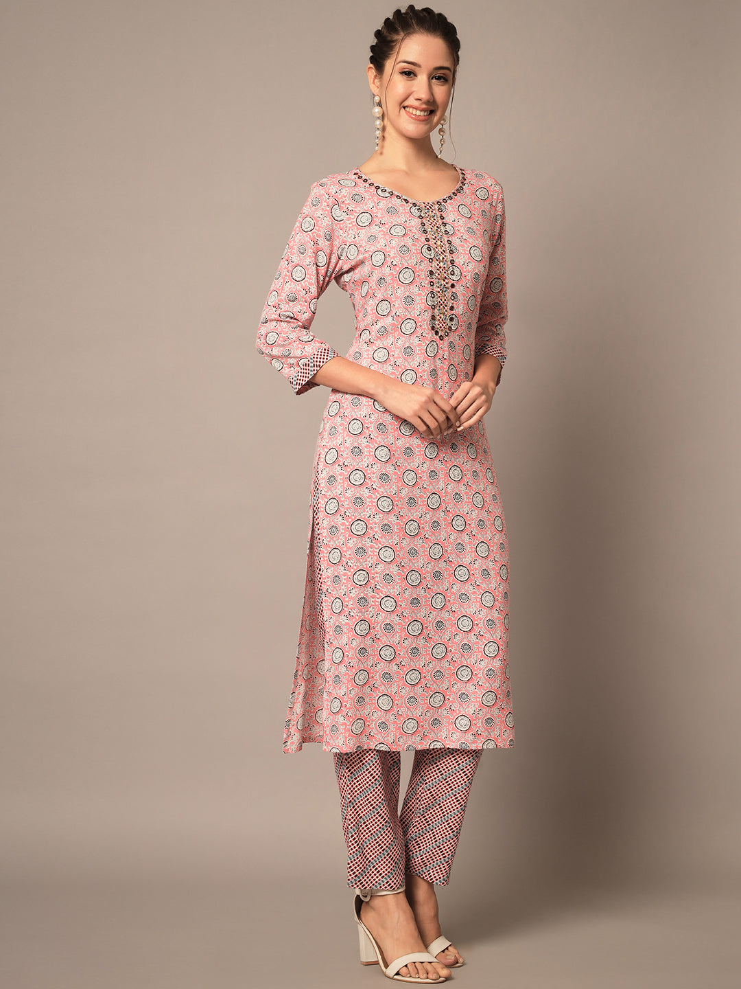 Peach Ethnic Printed Kurta Set with Dupatta