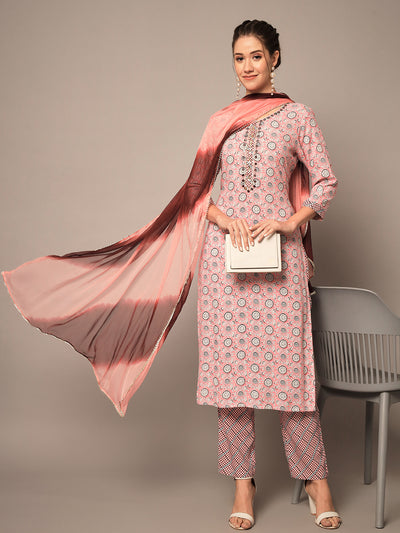 Peach Ethnic Printed Kurta Set with Dupatta