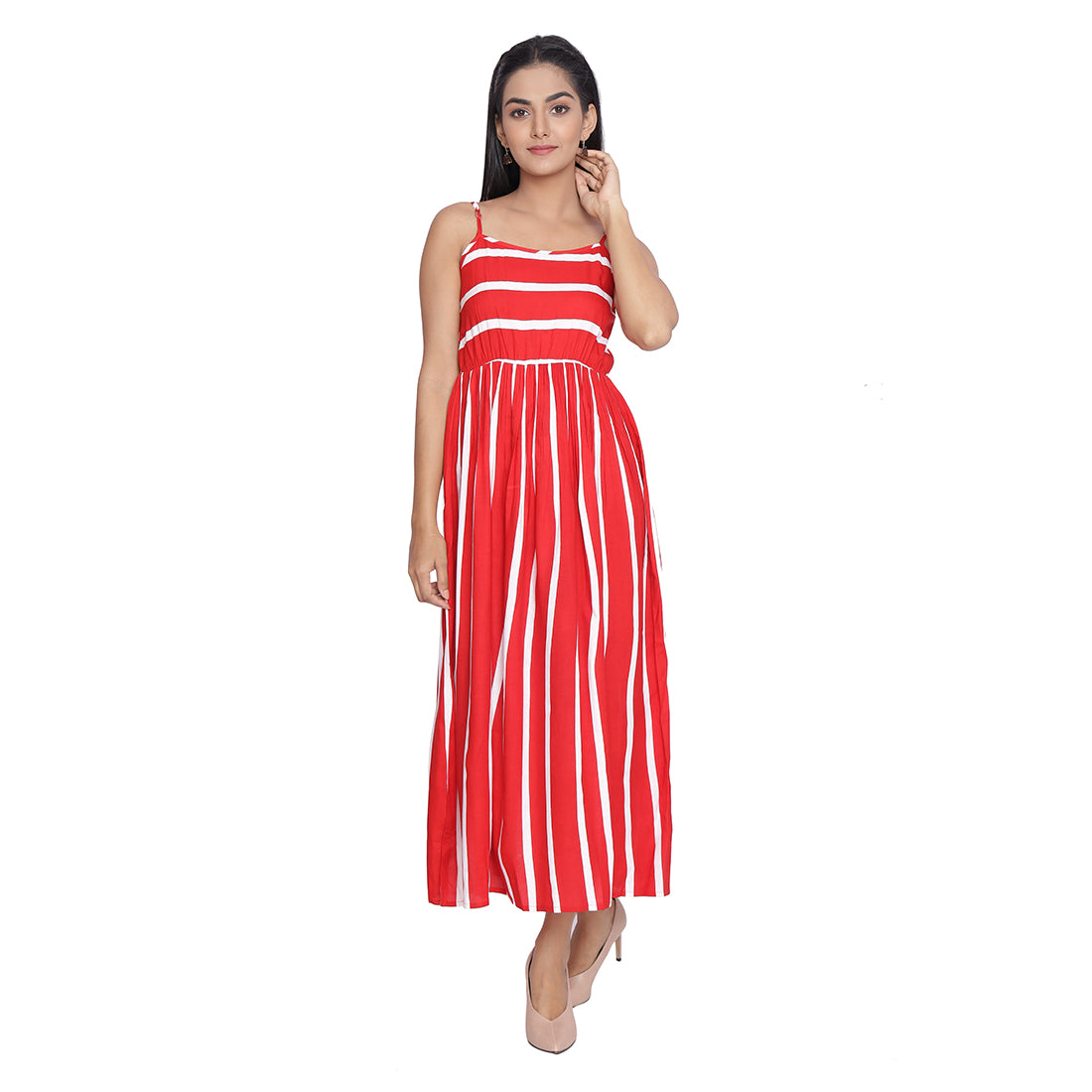 Red Striped Printed Midi Dress