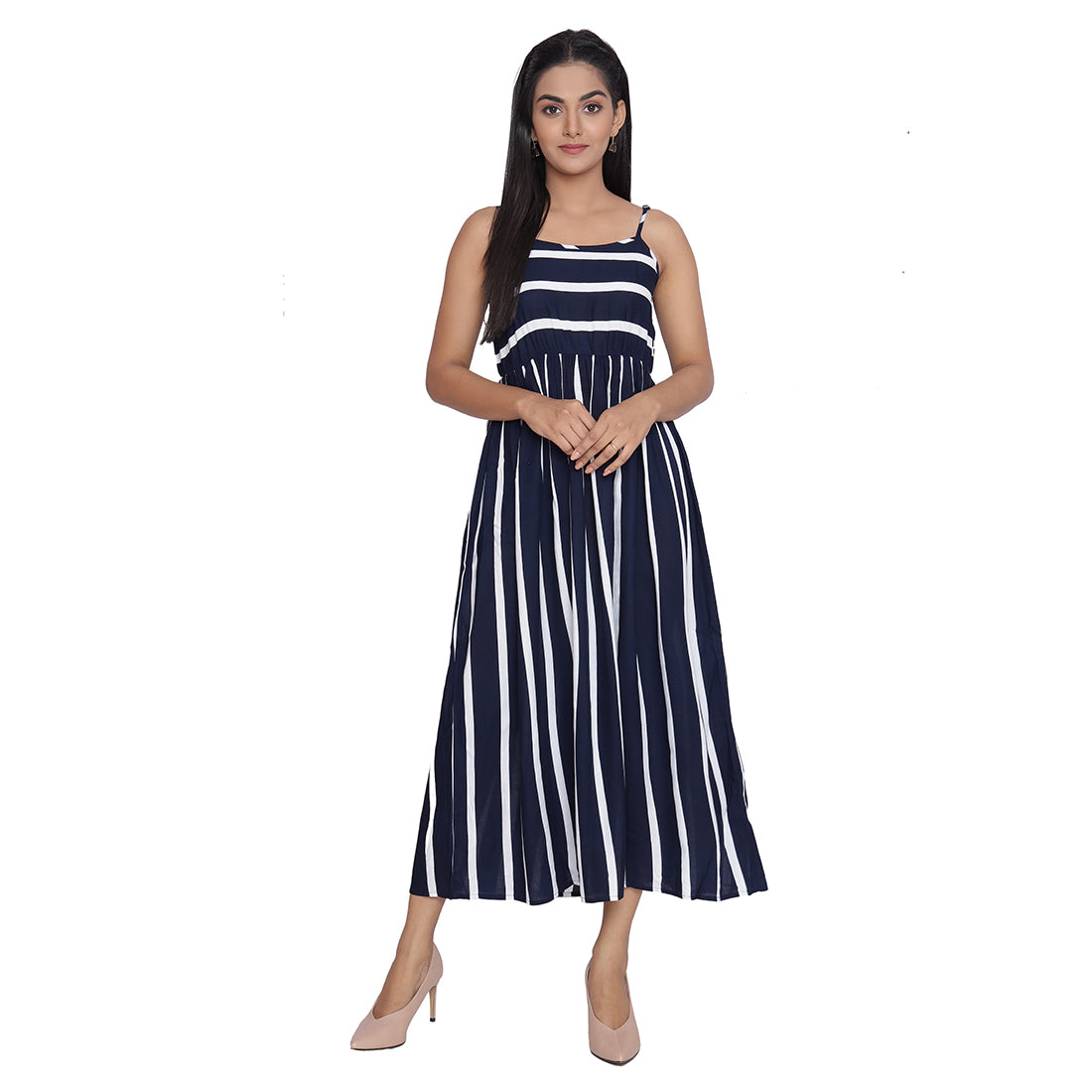 Blue Striped Printed Midi Dress