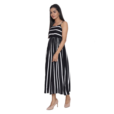 Black Striped Printed Midi Dress