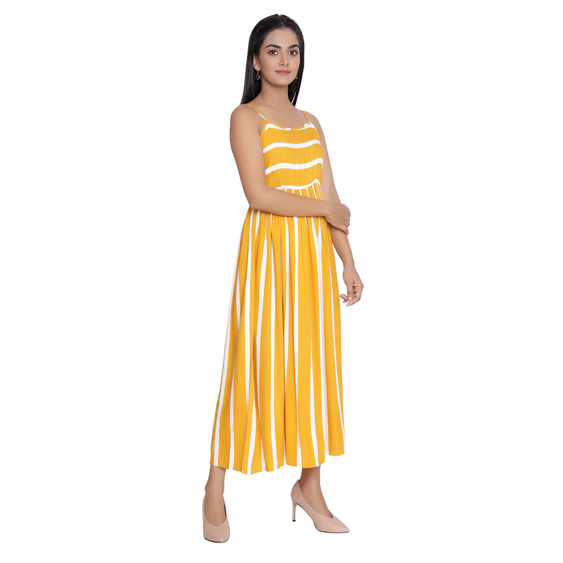 Yellow Striped Printed Midi Dress