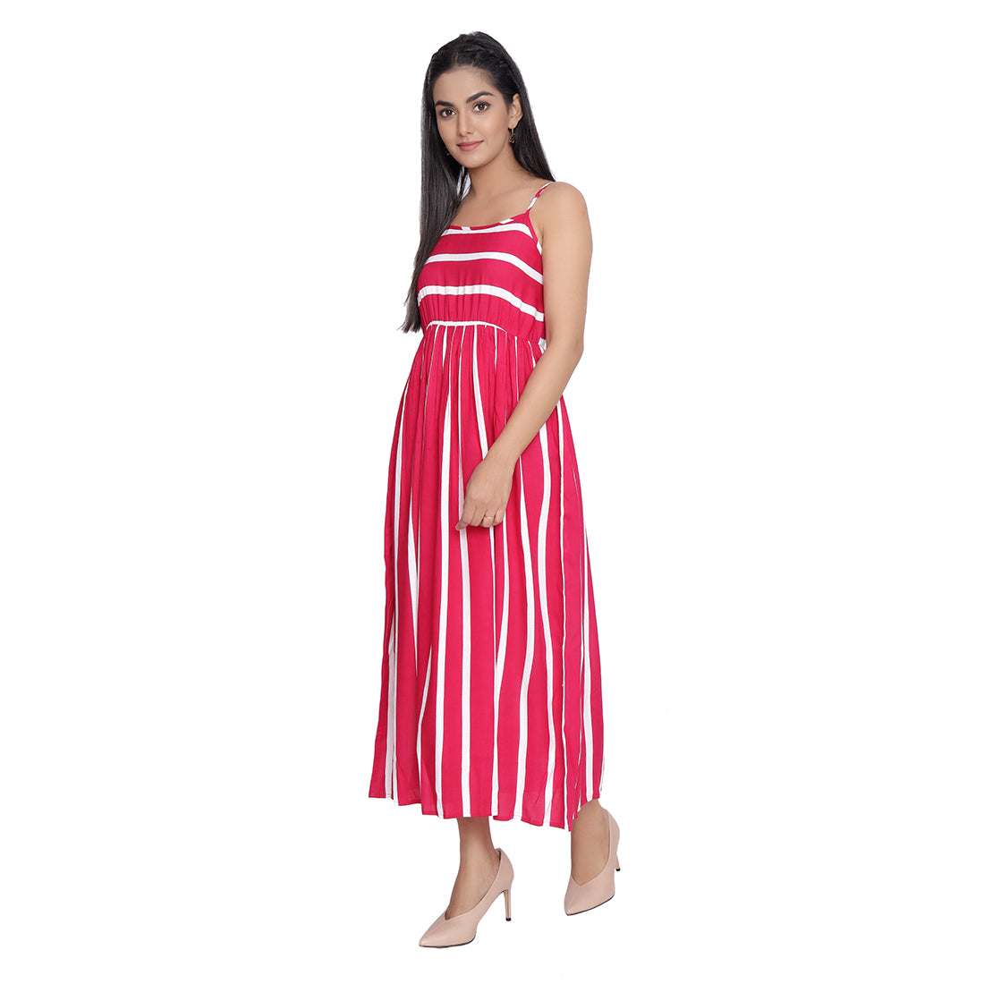 Pink Striped Printed Midi Dress