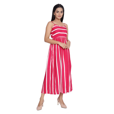 Pink Striped Printed Midi Dress