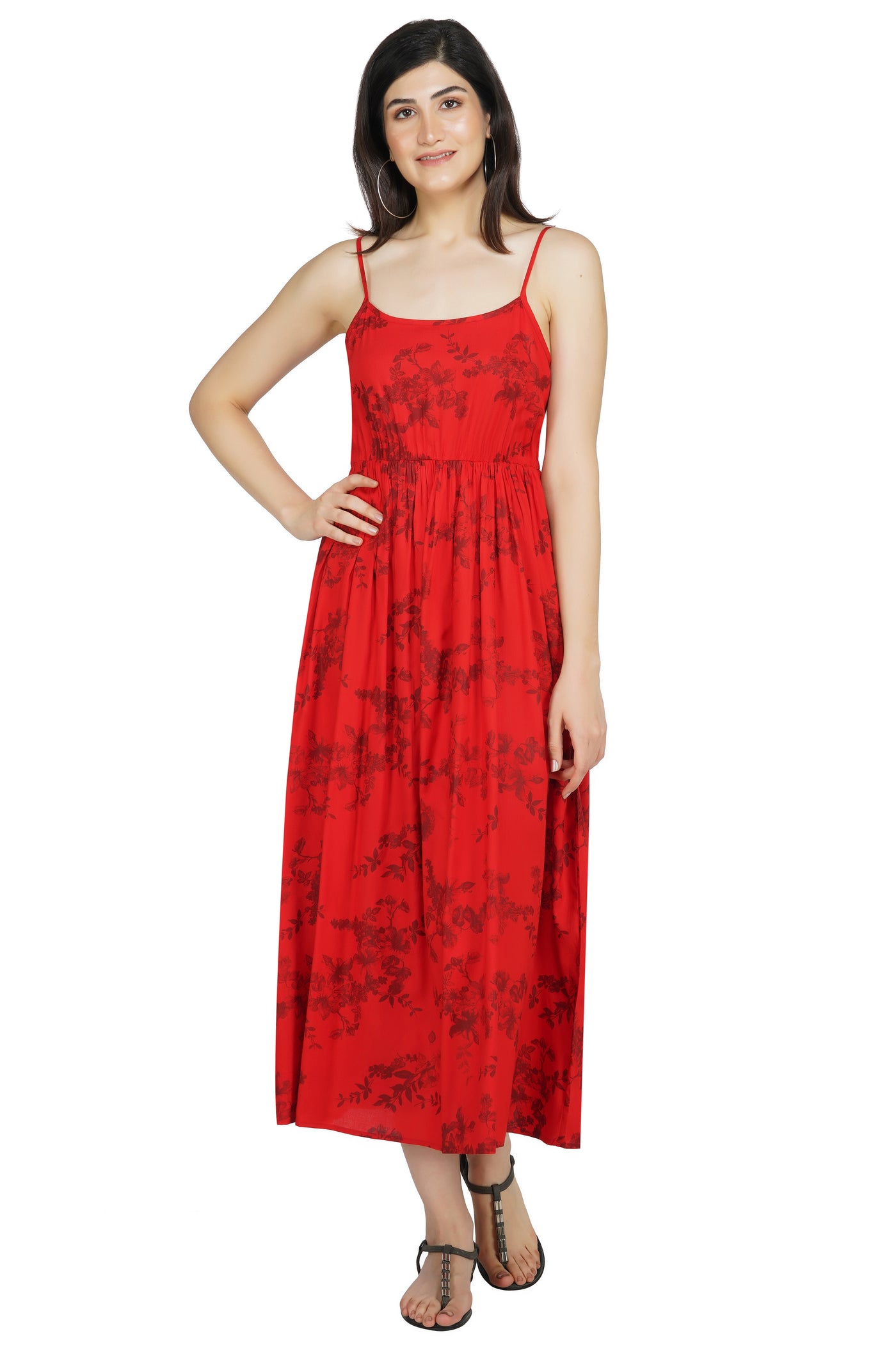 Red Floral Printed Midi Dress