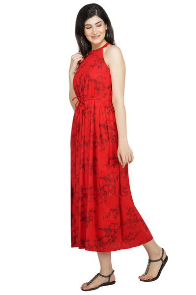 Red Floral Print Midi Dress