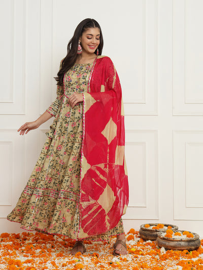 Beige Floral Anarkali Suit set with Dupatta