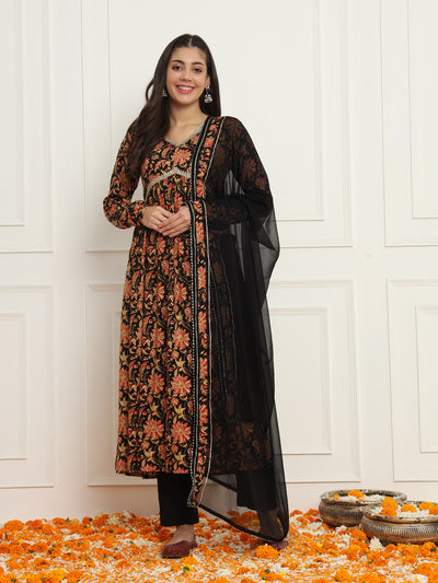 Black Floral Flared Suit Set with Dupatta