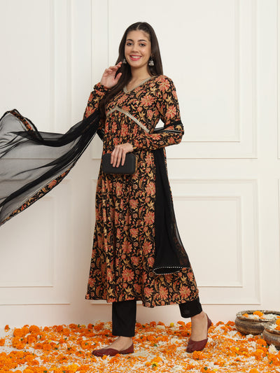 Black Floral Flared Suit Set with Dupatta