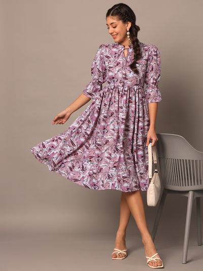 Lavender Floral Flared Western Dress