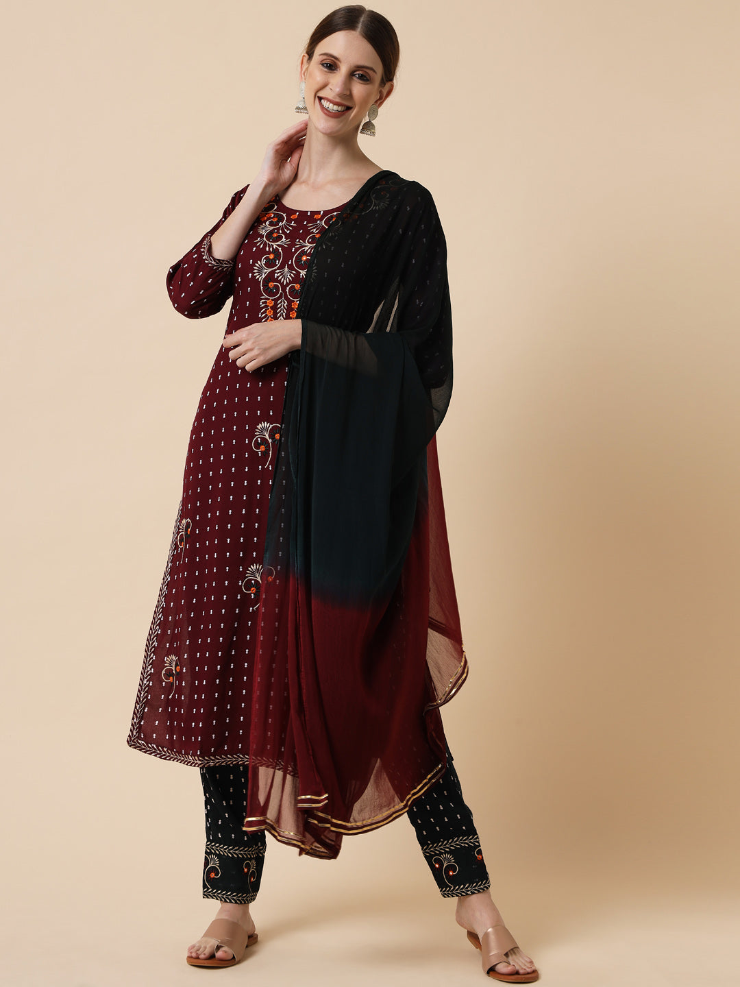 Mocha Brown and Black Embroidered Kurta Set with Dupatta