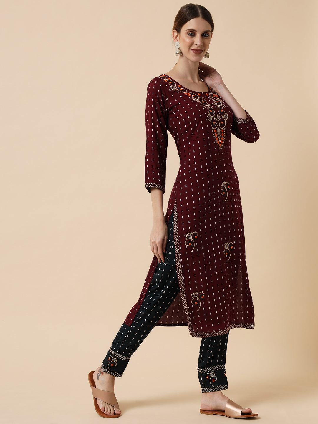 Mocha Brown and Black Embroidered Kurta Set with Dupatta