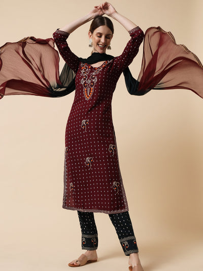 Mocha Brown and Black Embroidered Kurta Set with Dupatta