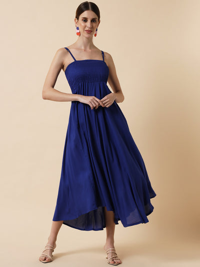 Saphire Blue Smocking Flared Midi Dress