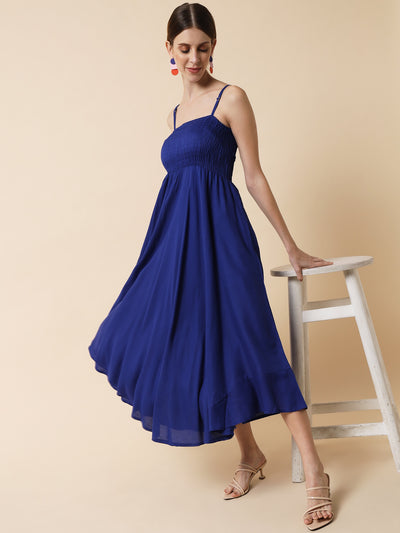 Saphire Blue Smocking Flared Midi Dress
