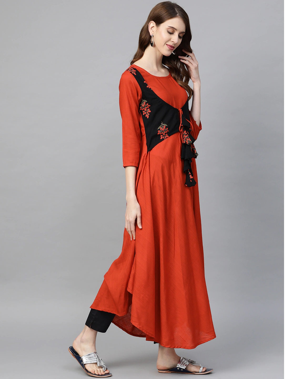 Brick Red and Black Ethnic A-Line Kurta 2