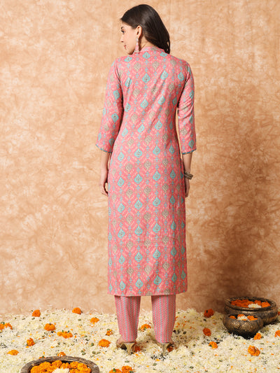 Rose Pink and Blue Embroidered Ethnic Printed Kurta Set