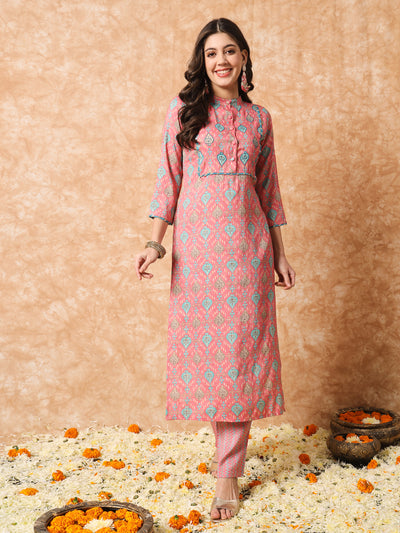 Rose Pink and Blue Embroidered Ethnic Printed Kurta Set