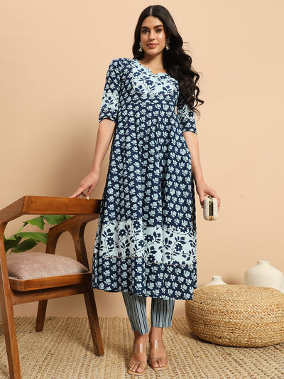 Indigo Floral Printed Anarkali Kurta Set