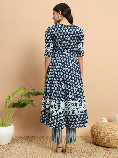 Indigo Floral Printed Anarkali Kurta Set