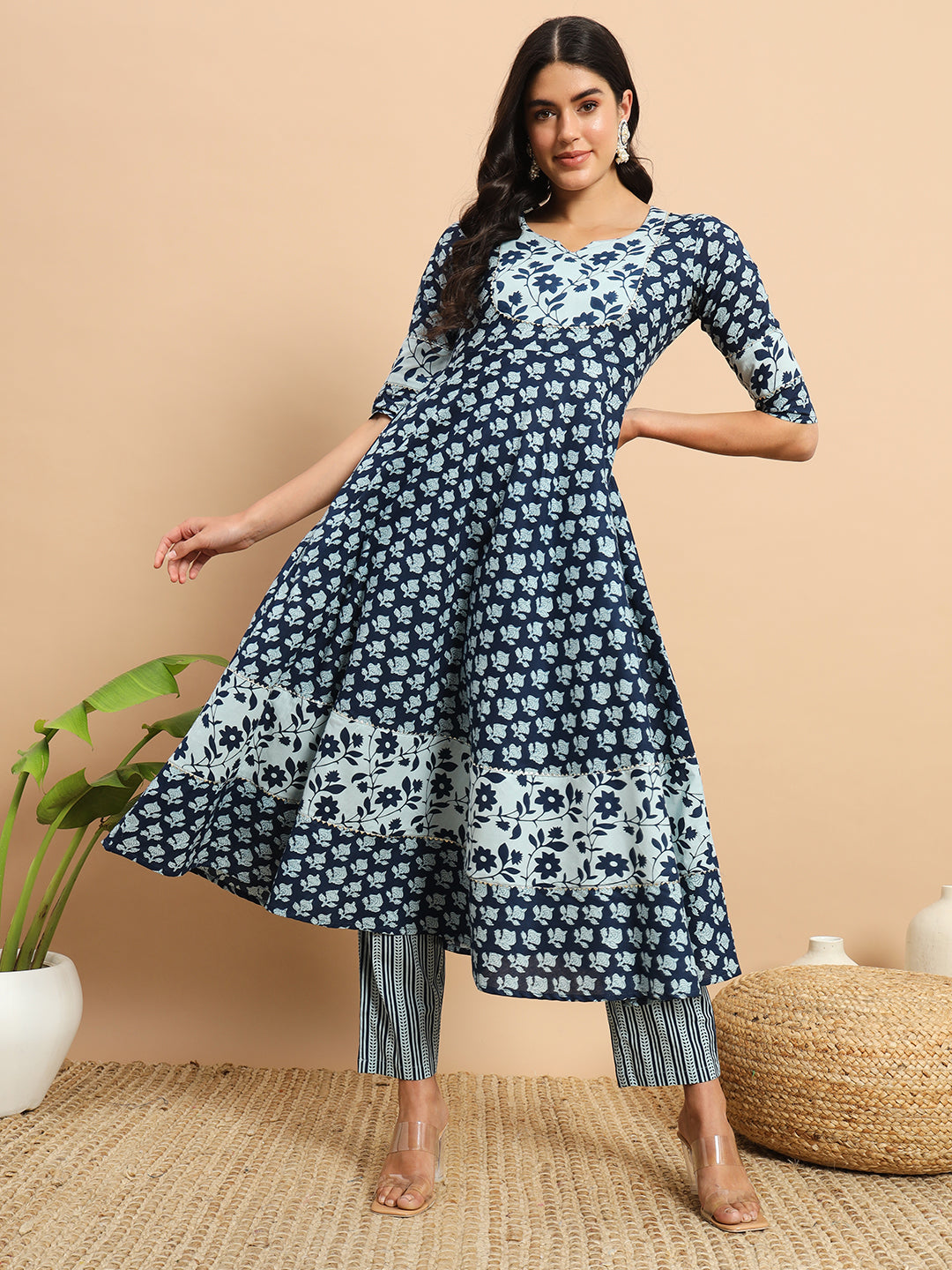 Indigo Floral Printed Anarkali Kurta Set