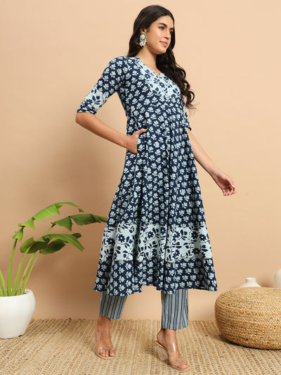 Indigo Floral Printed Anarkali Kurta Set