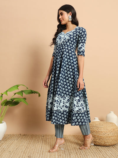 Indigo Floral Printed Anarkali Kurta Set