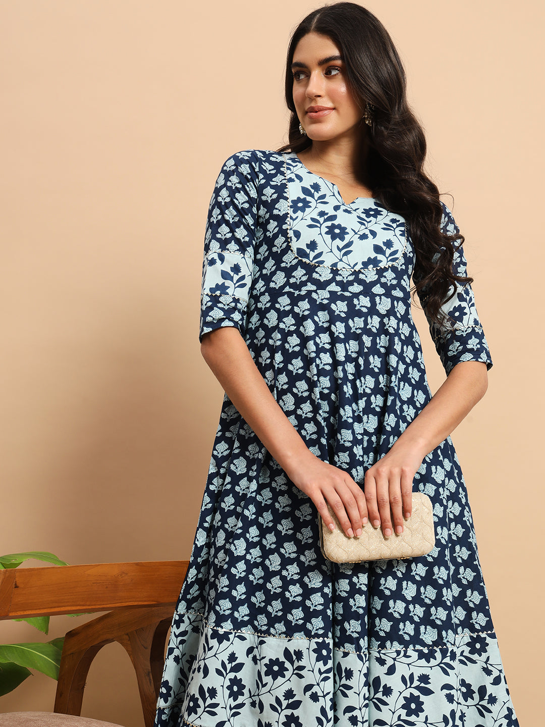 Indigo Floral Printed Anarkali Kurta Set