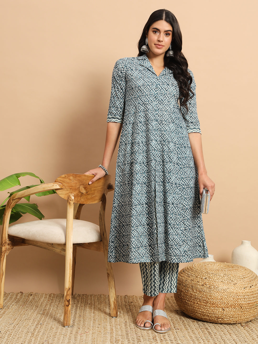 Stone Blue Printed Anarkali Kurta Set