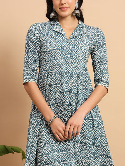 Stone Blue Printed Anarkali Kurta Set