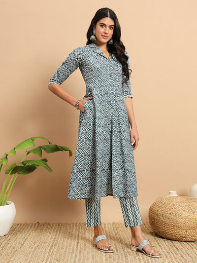 Stone Blue Printed Anarkali Kurta Set