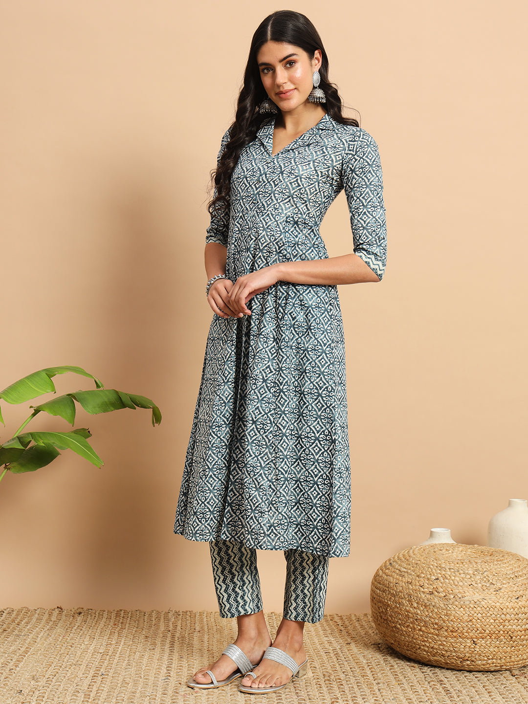 Stone Blue Printed Anarkali Kurta Set