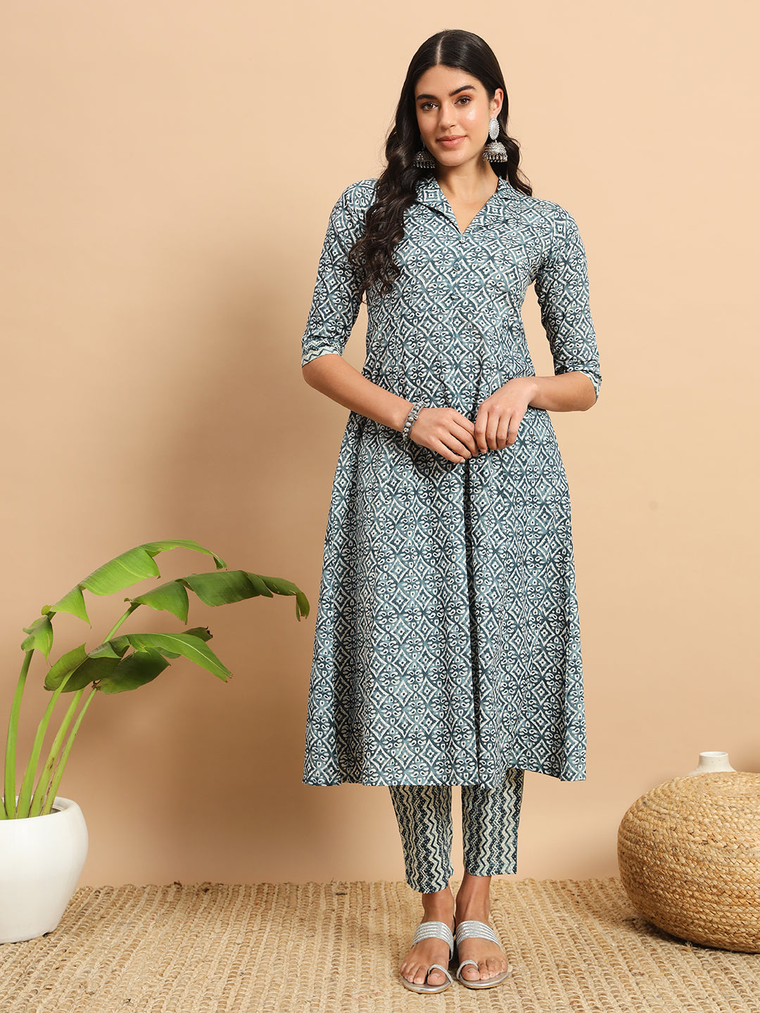 Stone Blue Printed Anarkali Kurta Set