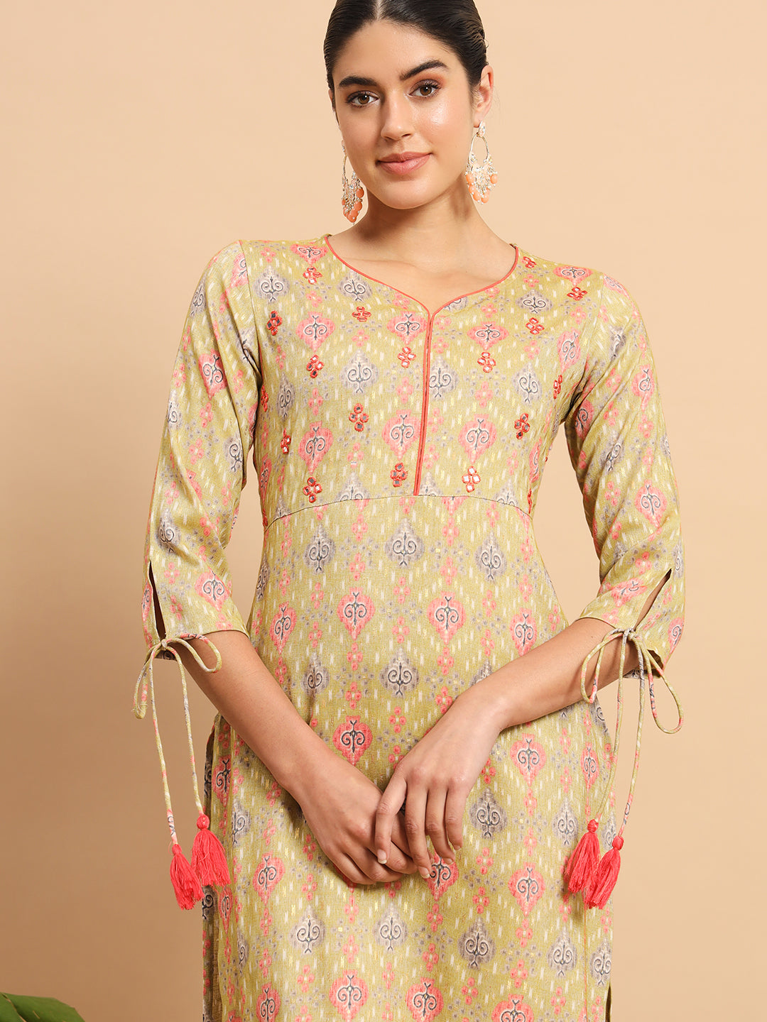 Get Green Multicolour Ethnic Printed  Mirror Work Kurta Set