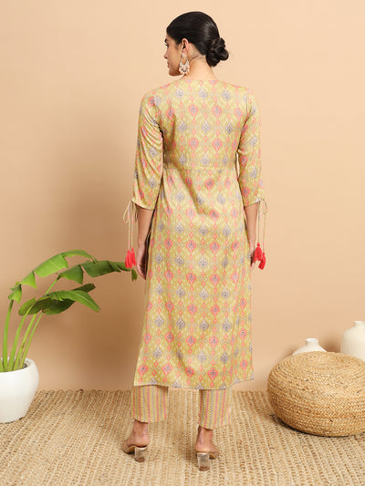 Green Multicolour Ethnic Printed  Mirror Work Kurta Set back