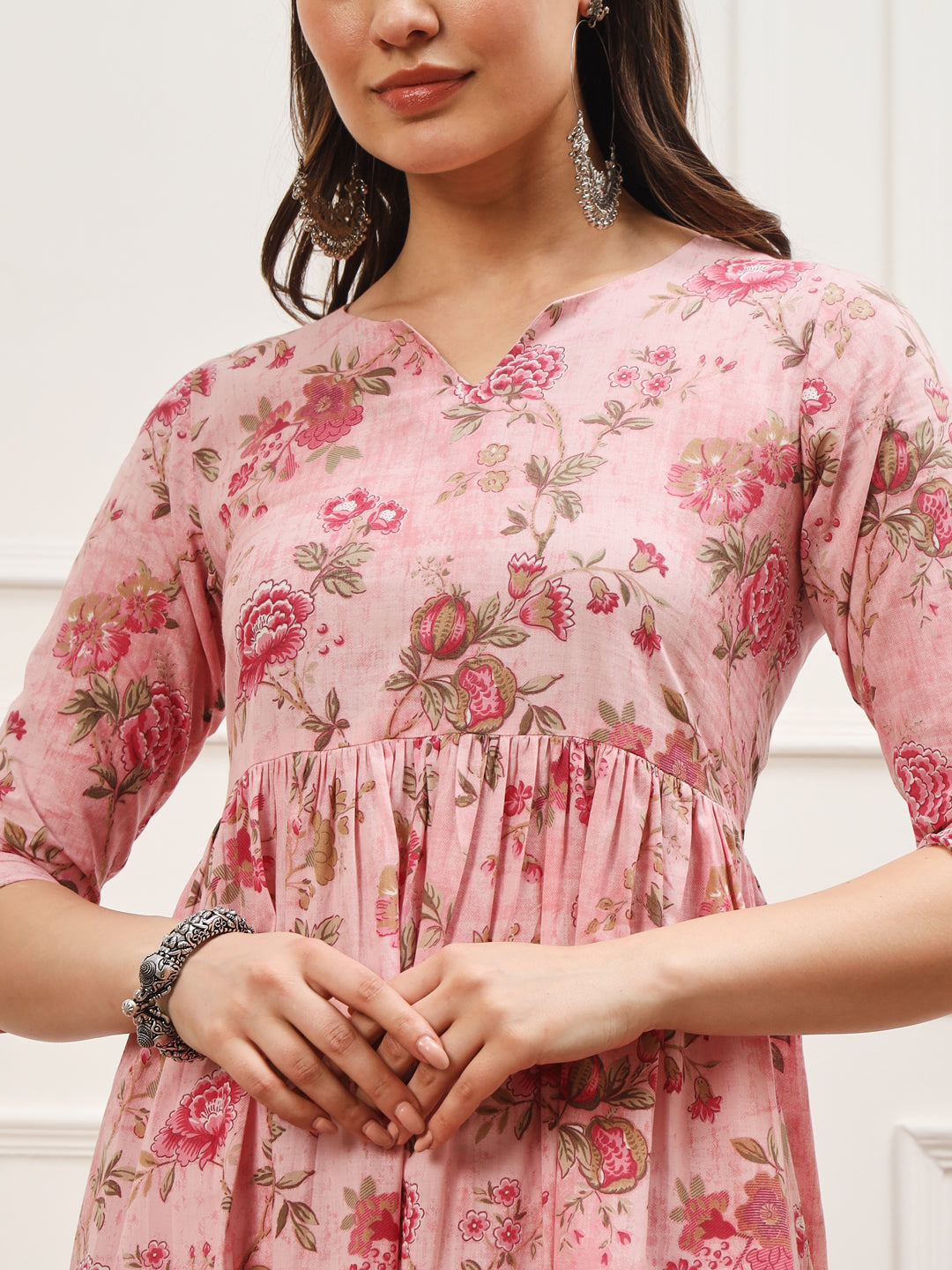 Pink and White Floral High Kurta Set