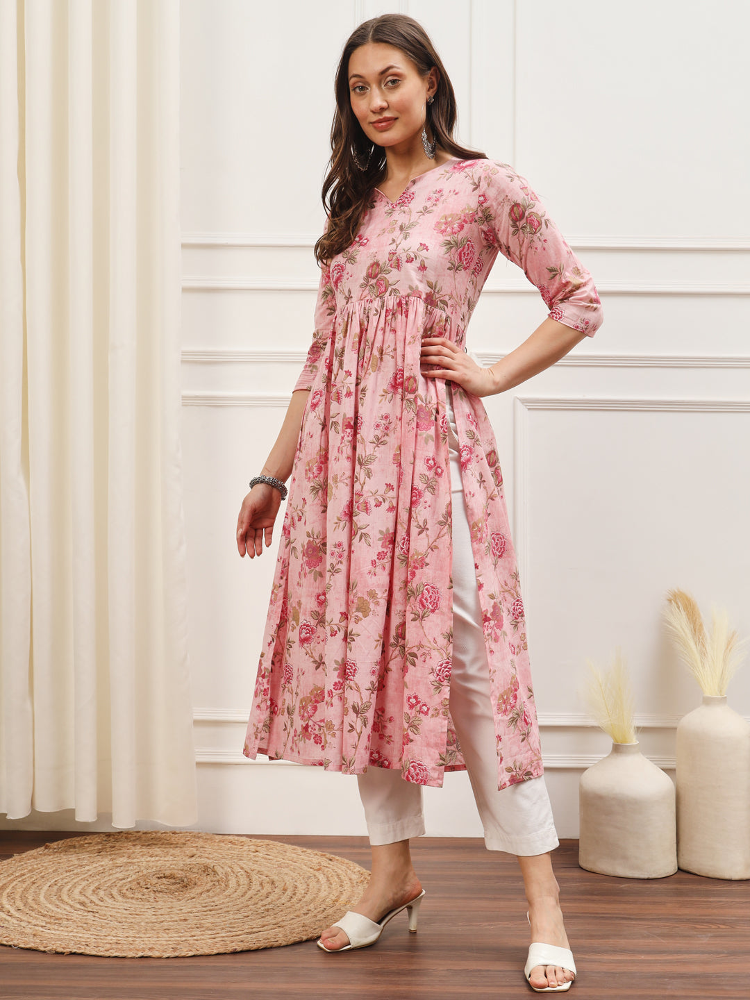 Pink and White Floral High Kurta Set