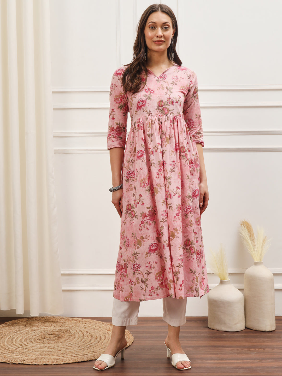 Pink and White Floral High Kurta Set