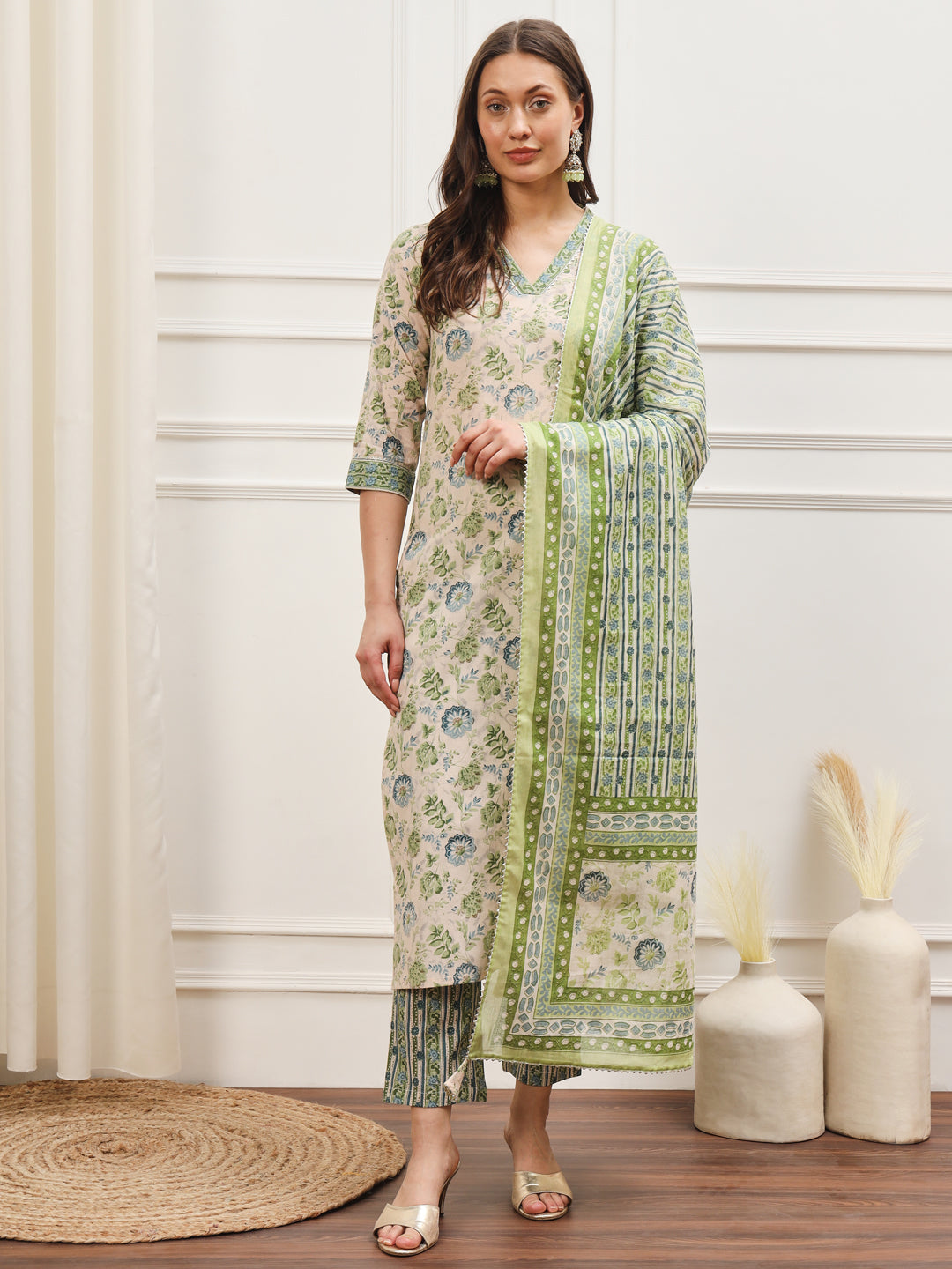 Green-Blue Abstract Floral Kurta Set