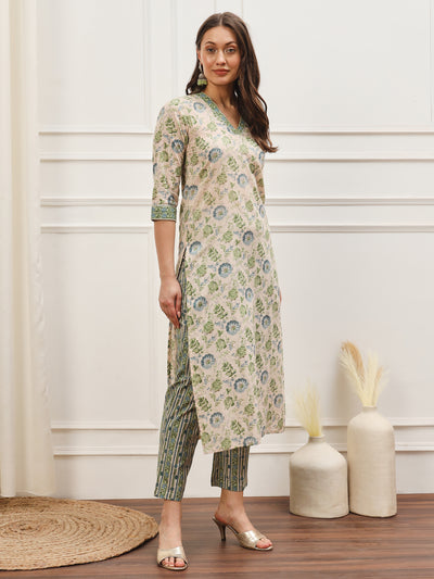 Green-Blue Abstract Floral Kurta Set