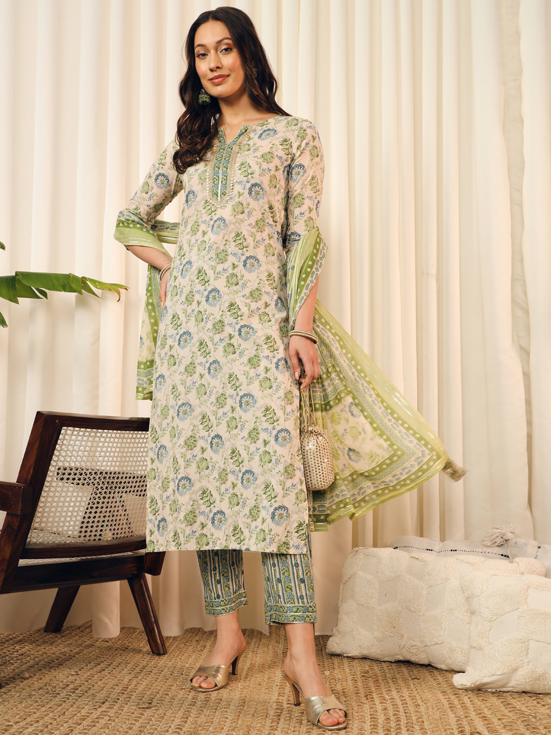 Green-Blue Abstract Floral Kurta Set