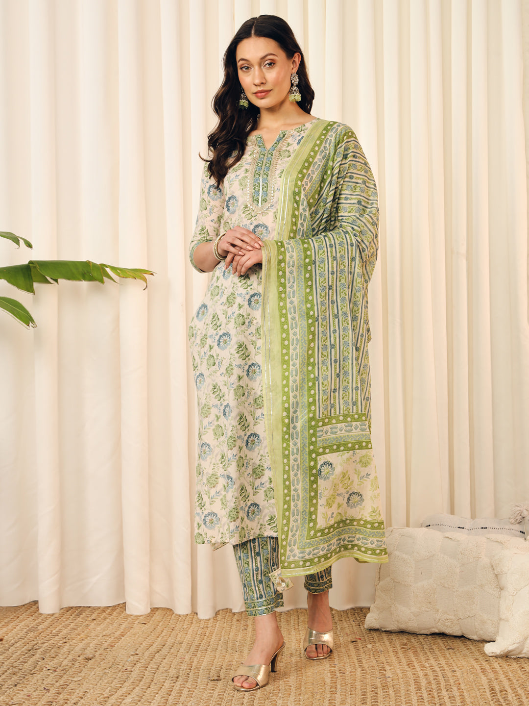 Green-Blue Abstract Floral Kurta Set