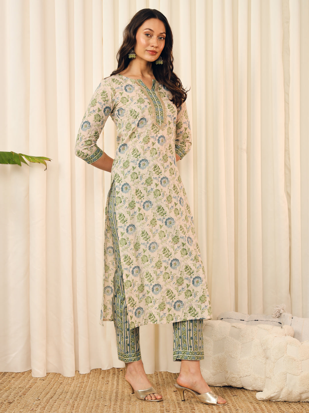 Green-Blue Abstract Floral Kurta Set