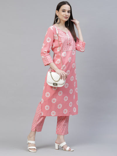 Pink and White Floral Kurta Pants Set