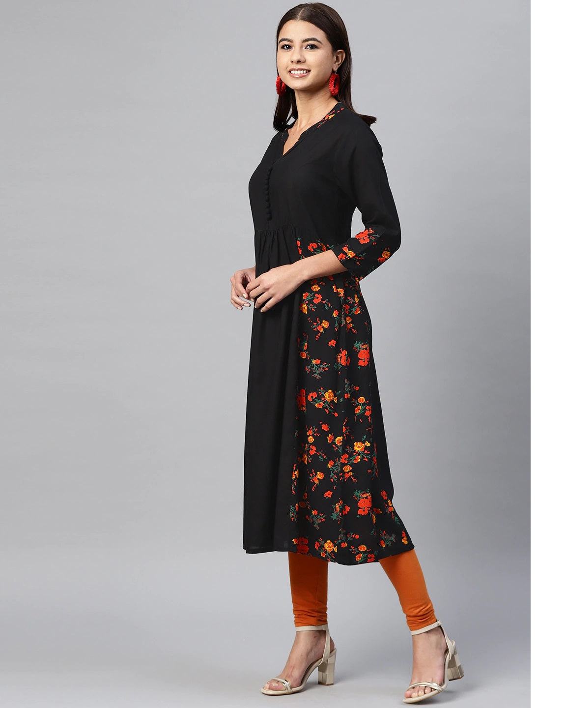 Black and Red Printed Floral A-line Kurta
