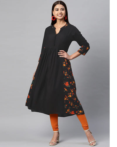 Black and Red Printed Floral A-line Kurta