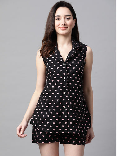 Black and Pink Heart Printed Night Suit