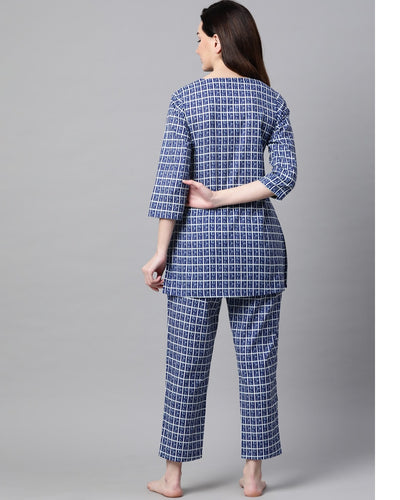 Navy Blue Checks Printed Night Suit